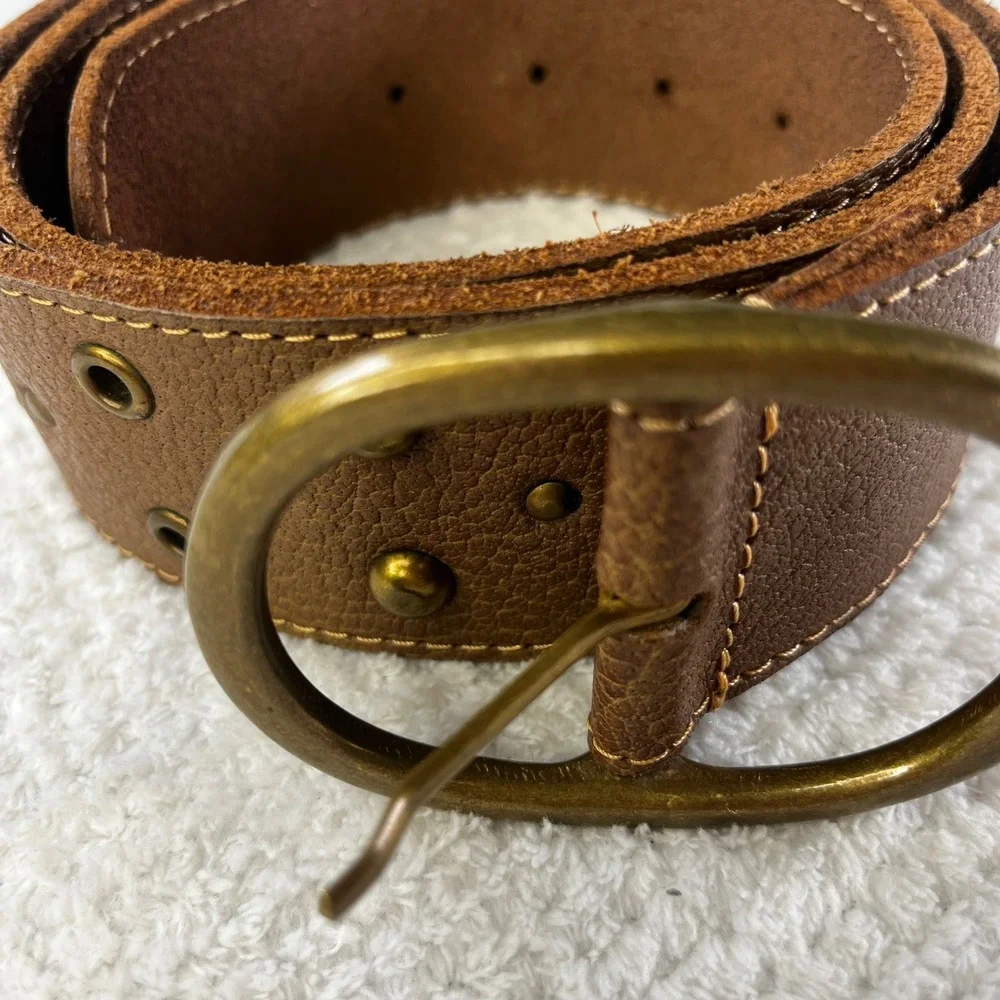Genuine Leather Brown Studded Grommet Belt Brass Buckle Wide Boho 50564SO L